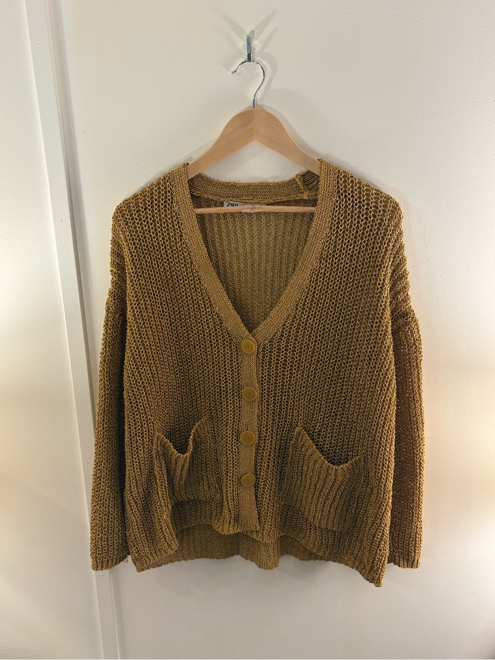 Zara Chunky Knit V-Neck Cardigan Sweater in Gold